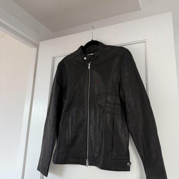 NWT Reiss Keith Cafe Racer Jacket Black Calf Leather Slim Fit Full Zip Sz Small - Picture 7 of 10